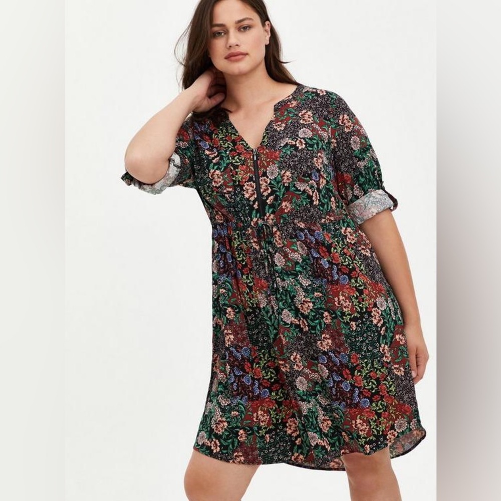 Floral V-Neck Short Sleeve Dress - Green Multi
